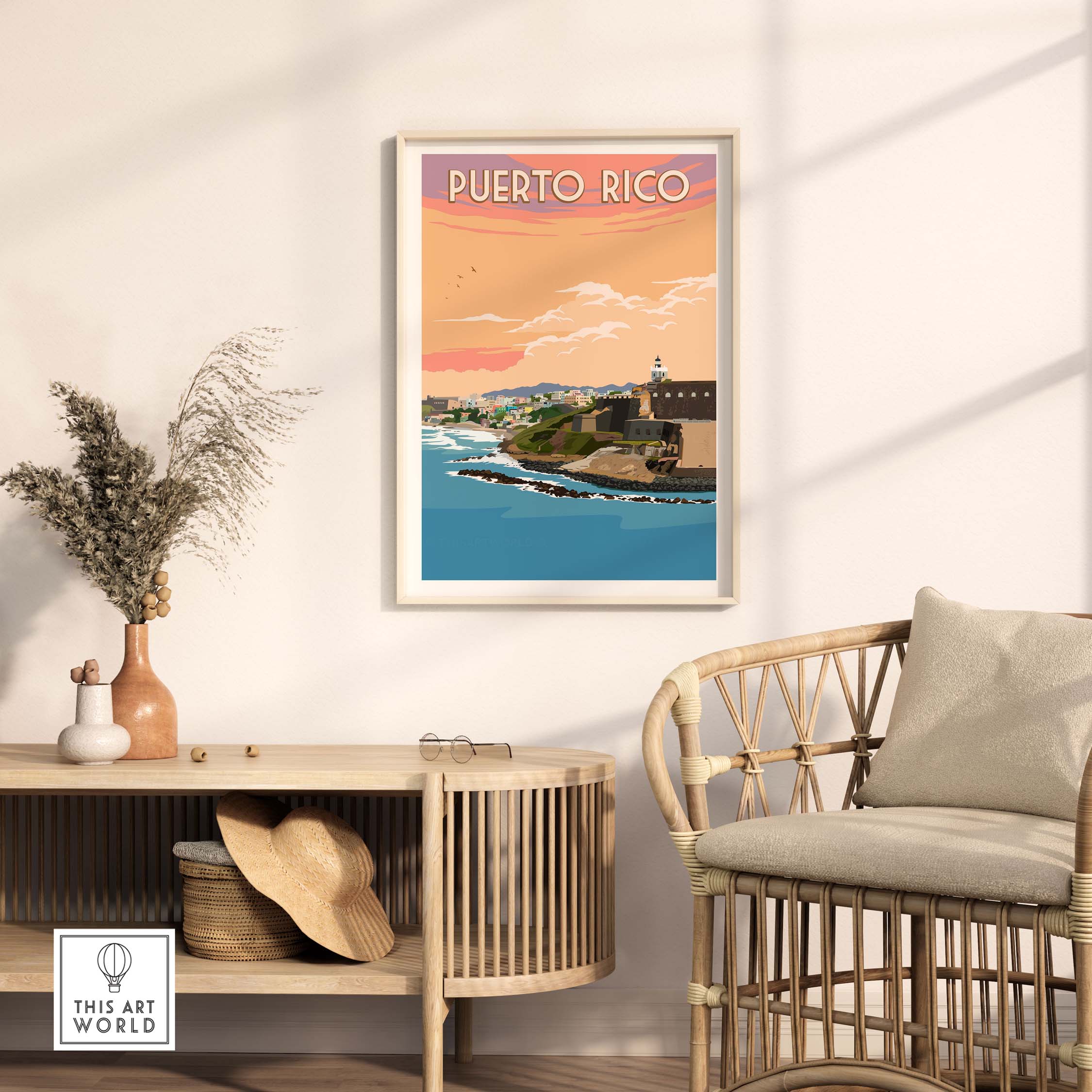 Puerto Rico wall art featuring San Juan coastline in vintage style, showcased in a stylish interior setting.