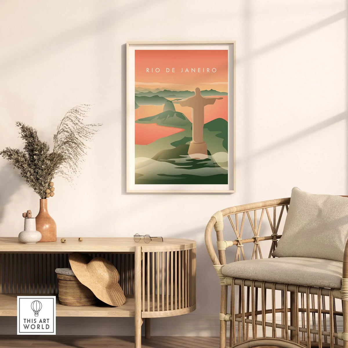 Rio de Janeiro wall art poster featuring the iconic Christ the Redeemer statue in a stylish living space.