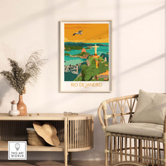 Vintage-inspired Rio de Janeiro poster featuring Christ the Redeemer in a stylish home setting.