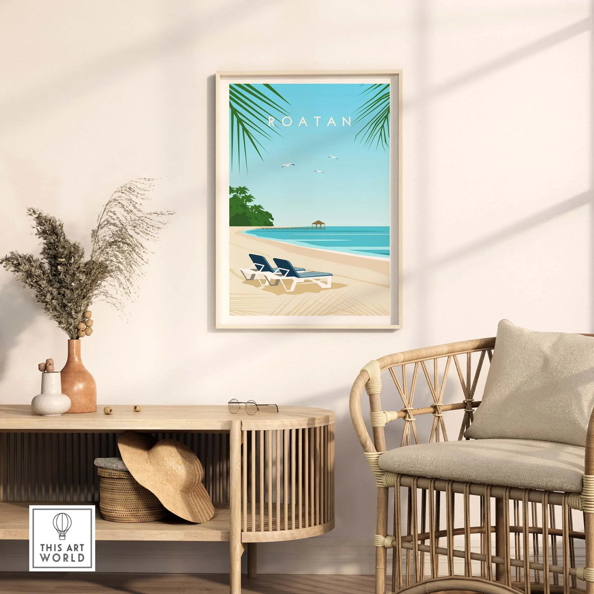 Framed Roatan Art Print featuring a serene beach scene with lounge chairs and palm trees for stylish wall decor.