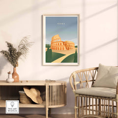 Vintage-inspired Rome wall art poster featuring the Colosseum in a stylish home setting. Perfect for art lovers and travelers.