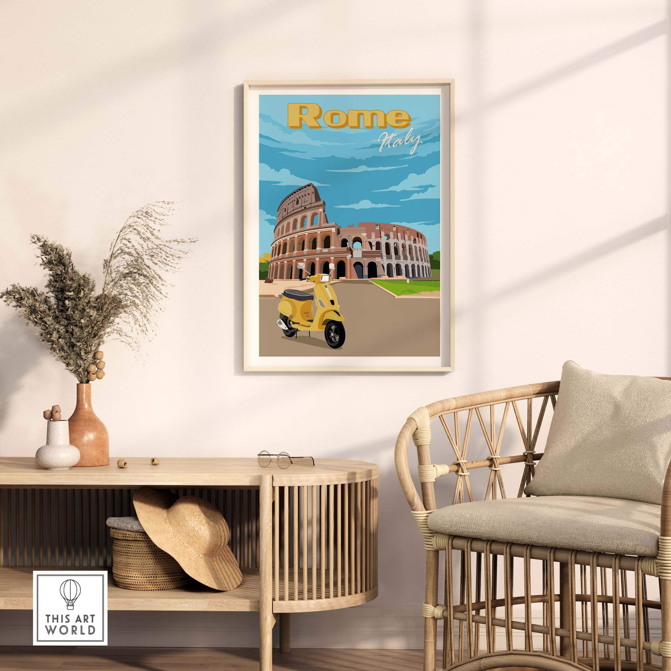 Vintage Rome print poster art featuring the Colosseum and a classic car, displayed in a stylish interior setting.