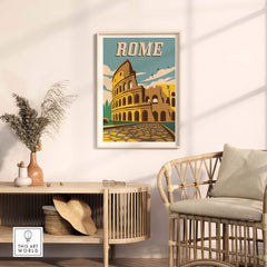 Vintage-inspired Rome wall art print featuring the Colosseum in a stylish home setting. Perfect for travel enthusiasts.