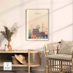 Rome City Skyline Print in warm pastel tones showcased in a stylish living room setting with modern decor.