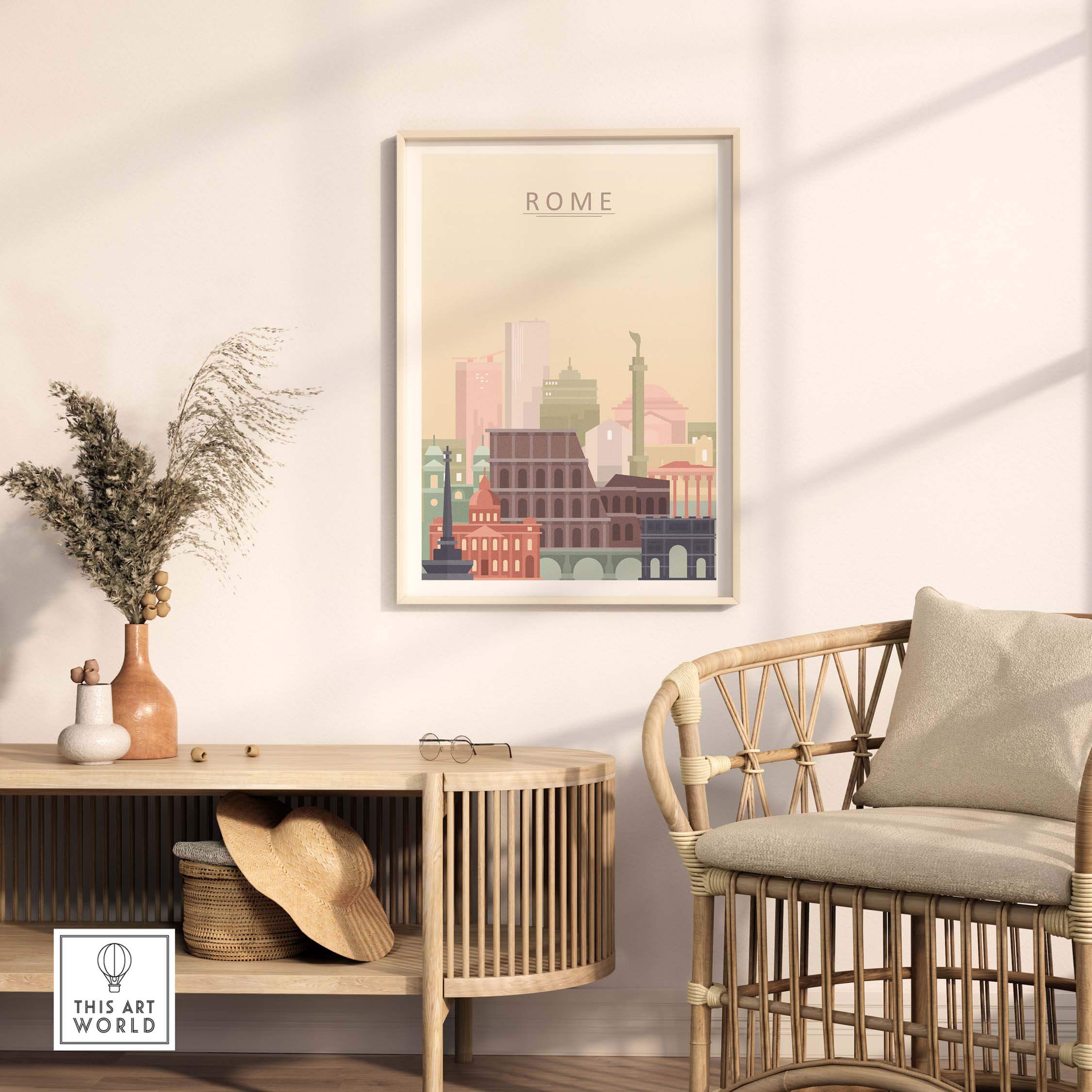Rome City Skyline Print in warm pastel tones showcased in a stylish living room setting with modern decor.
