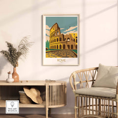 Vintage Rome poster featuring the Colosseum in a stylish home setting, perfect for travel enthusiasts and decor lovers.