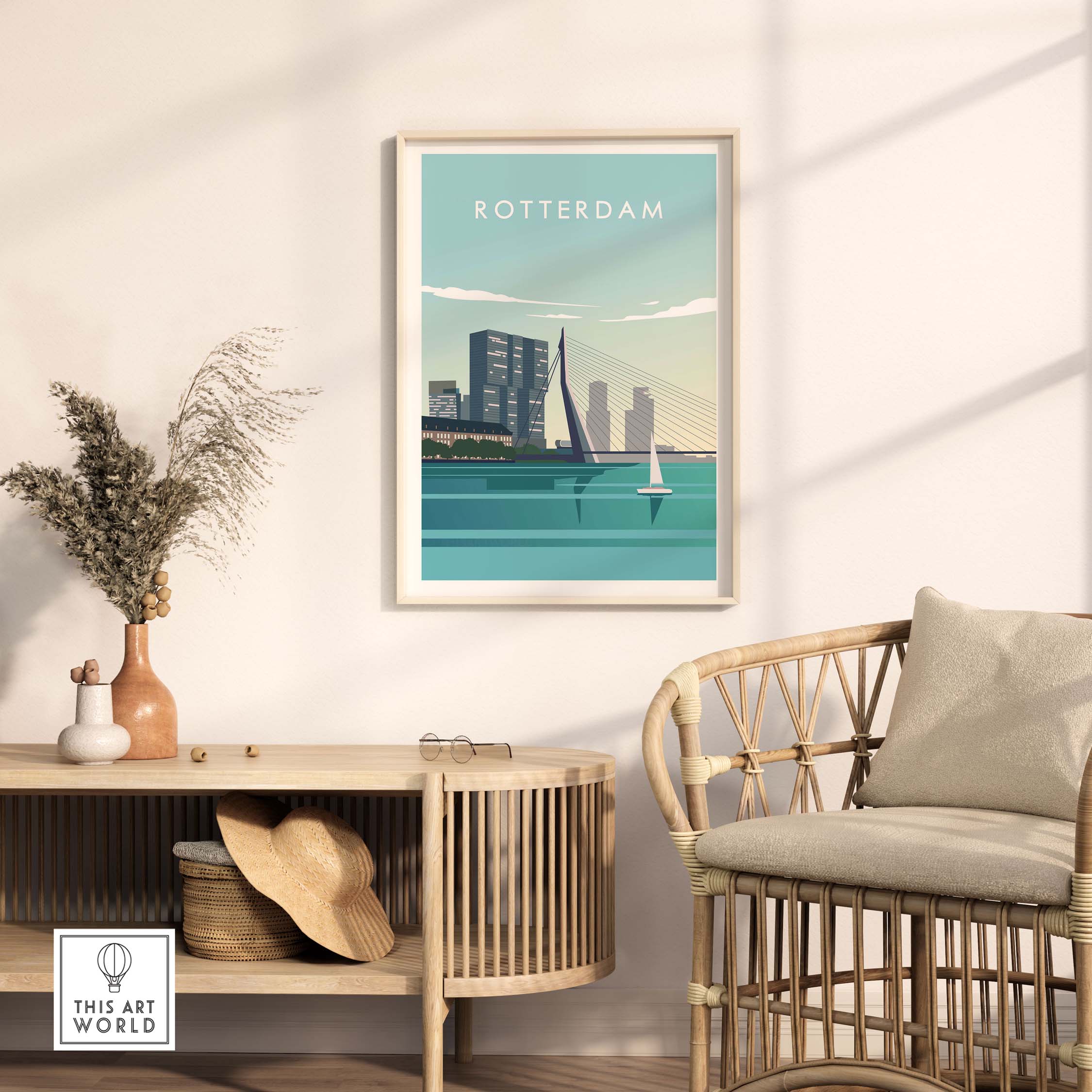Rotterdam Print Wall Art Poster showcasing vintage-style cityscape in framed setting, perfect for home or office decor.