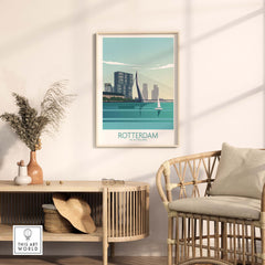 Rotterdam poster displayed in a stylish home setting, showcasing vintage travel art inspired by the Netherlands.