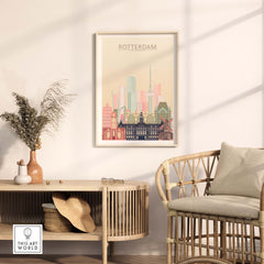 Rotterdam skyline print showcasing iconic architecture in warm pastel tones, framed art for stylish home decor.