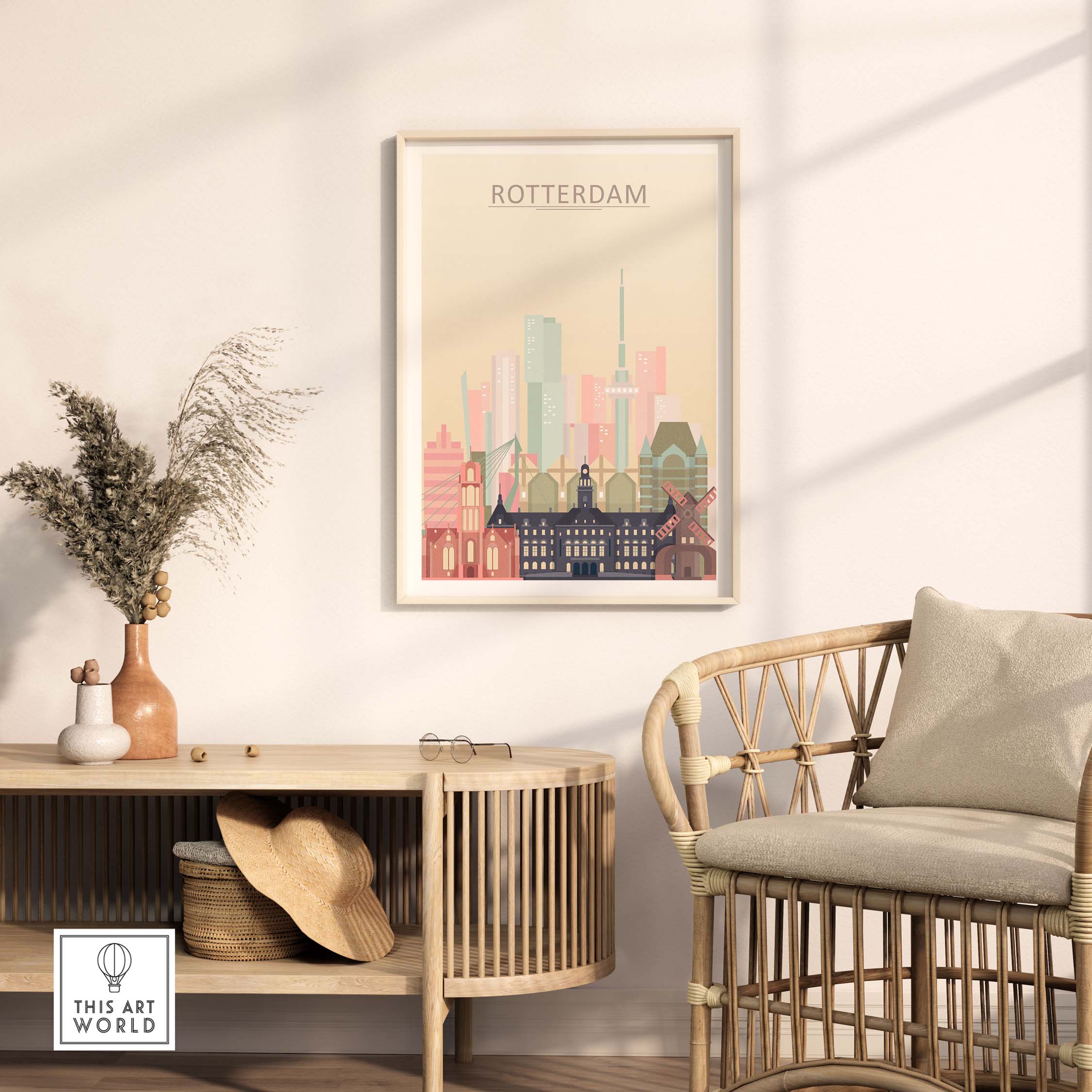 Rotterdam skyline print showcasing iconic architecture in warm pastel tones, framed art for stylish home decor.