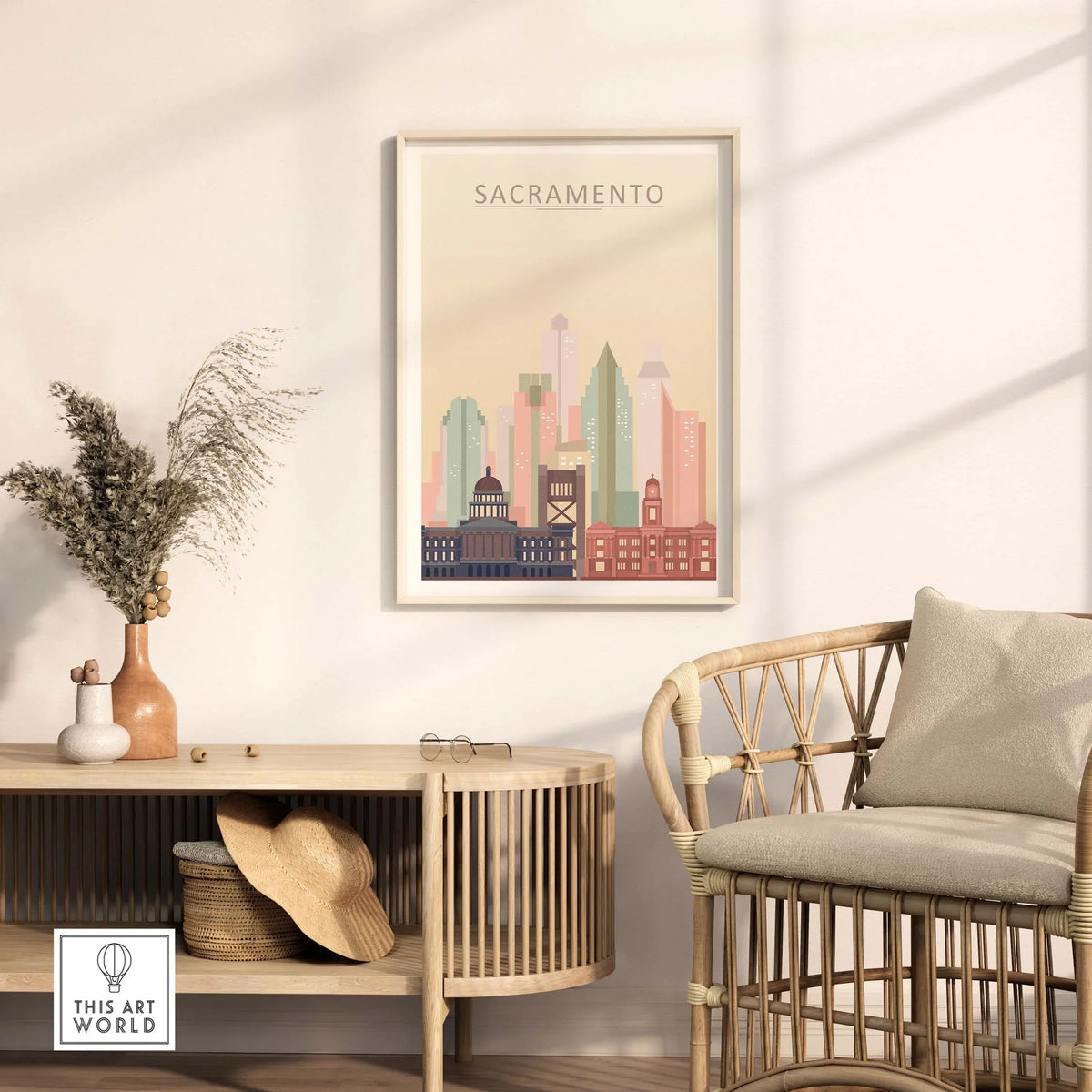 Sacramento skyline poster in pastel tones displayed in a stylish living room setting.