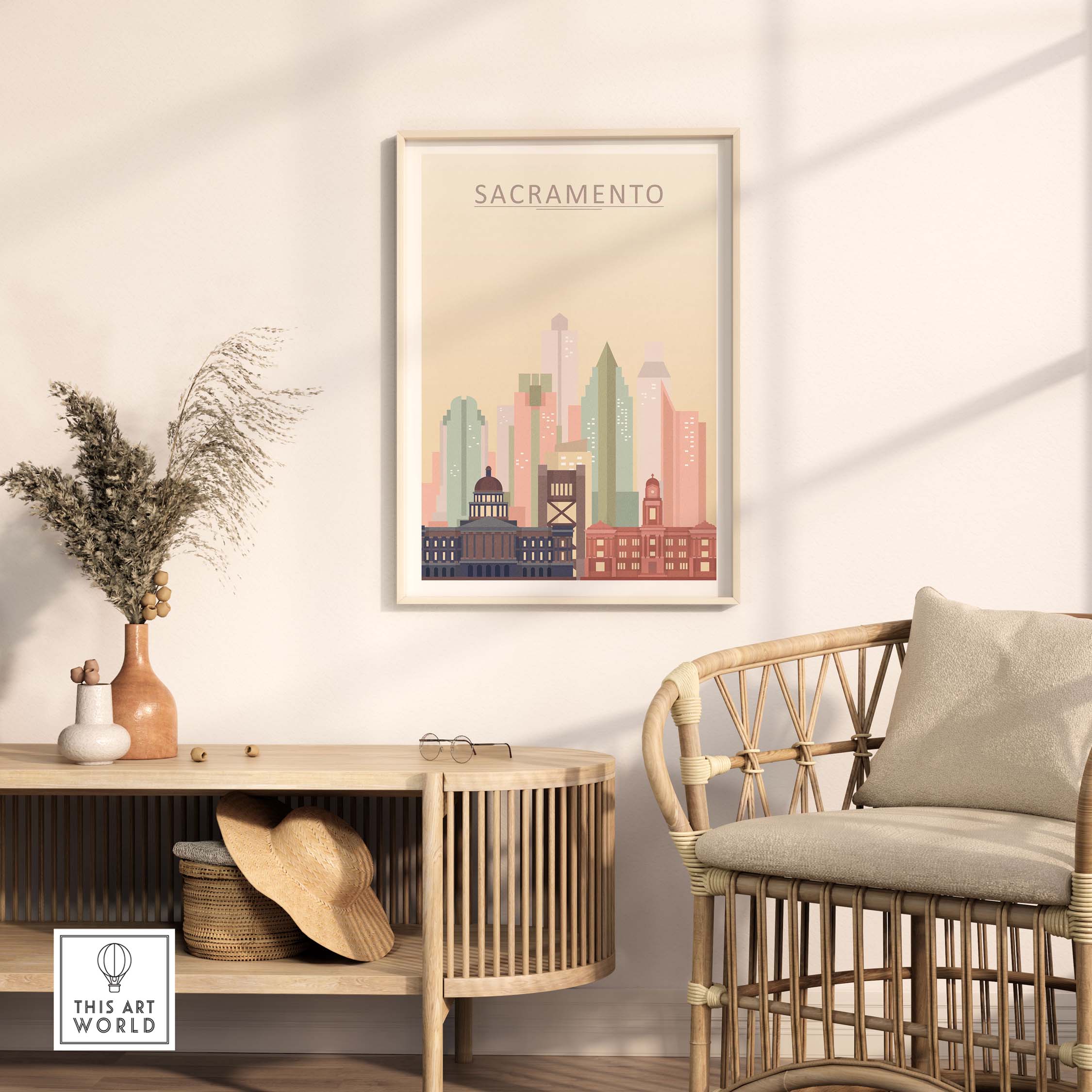 Sacramento skyline poster in pastel tones displayed in a stylish living room setting.