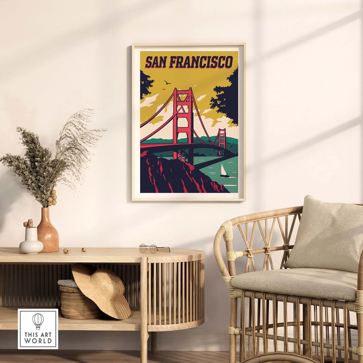 Vintage San Francisco wall art print featuring the Golden Gate Bridge, perfect for home or office decor.