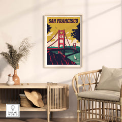 Vintage San Francisco wall art print featuring the Golden Gate Bridge, perfect for home or office decor.