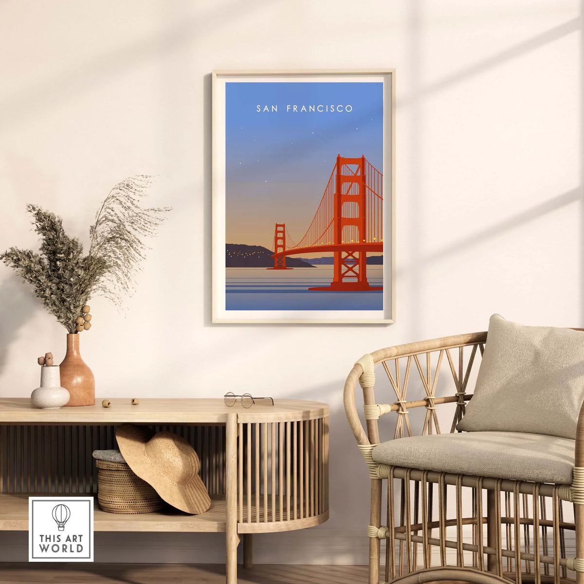 San Francisco Print Wall Art Poster featuring the Golden Gate Bridge in a stylish home setting.