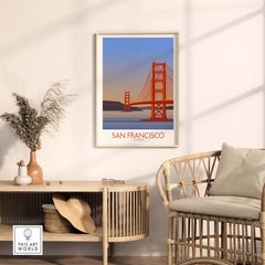 San Francisco Print Poster featuring the Golden Gate Bridge in a stylish room setting, perfect for home or office decor.