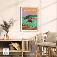 Framed San Sebastian Spain poster print showcasing coastal scenery and vintage travel style in a stylish home decor setting.