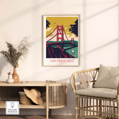 San Francisco poster print featuring the Golden Gate Bridge in a stylish interior setting with vintage design elements.