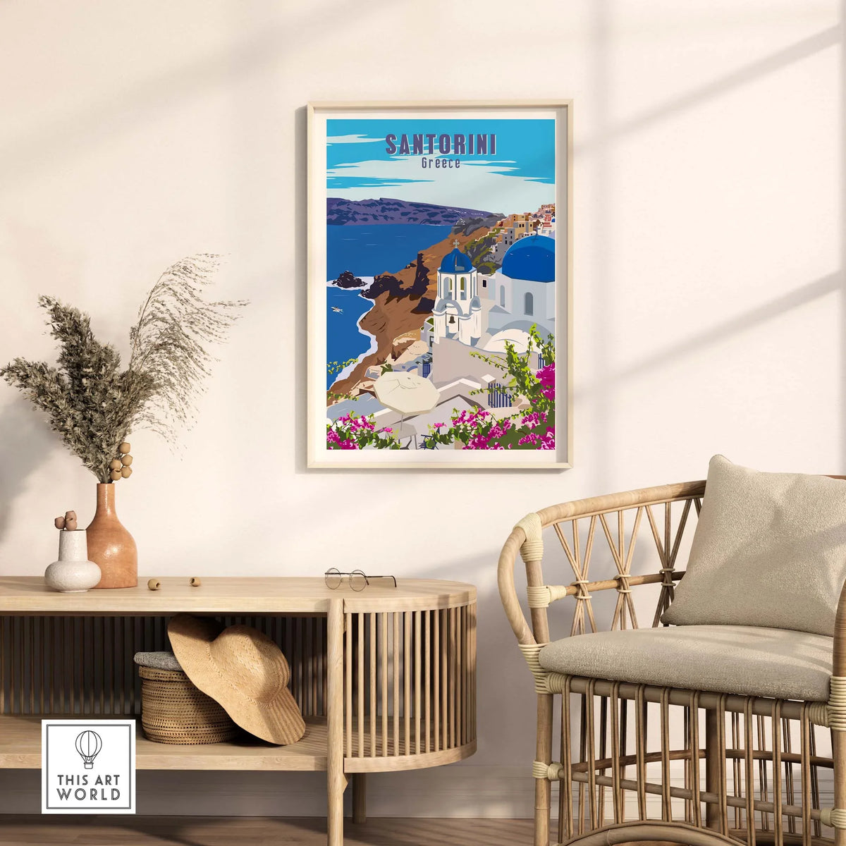Santorini Poster Print Wall Art showcasing beautiful coastal views and vibrant colors, perfect for home decor.