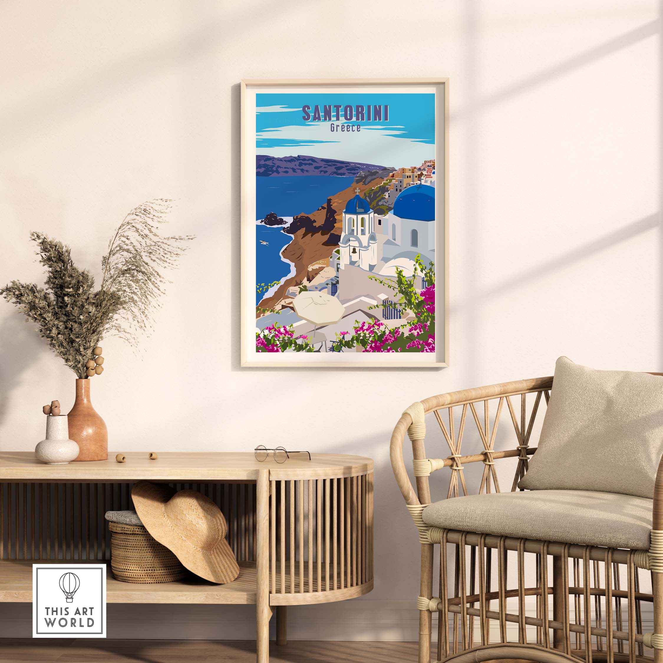 Santorini Poster Print Wall Art showcasing beautiful coastal views and vibrant colors, perfect for home decor.
