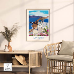 Santorini print travel poster in a stylish interior setting, showcasing vibrant colors and Mediterranean scenery.