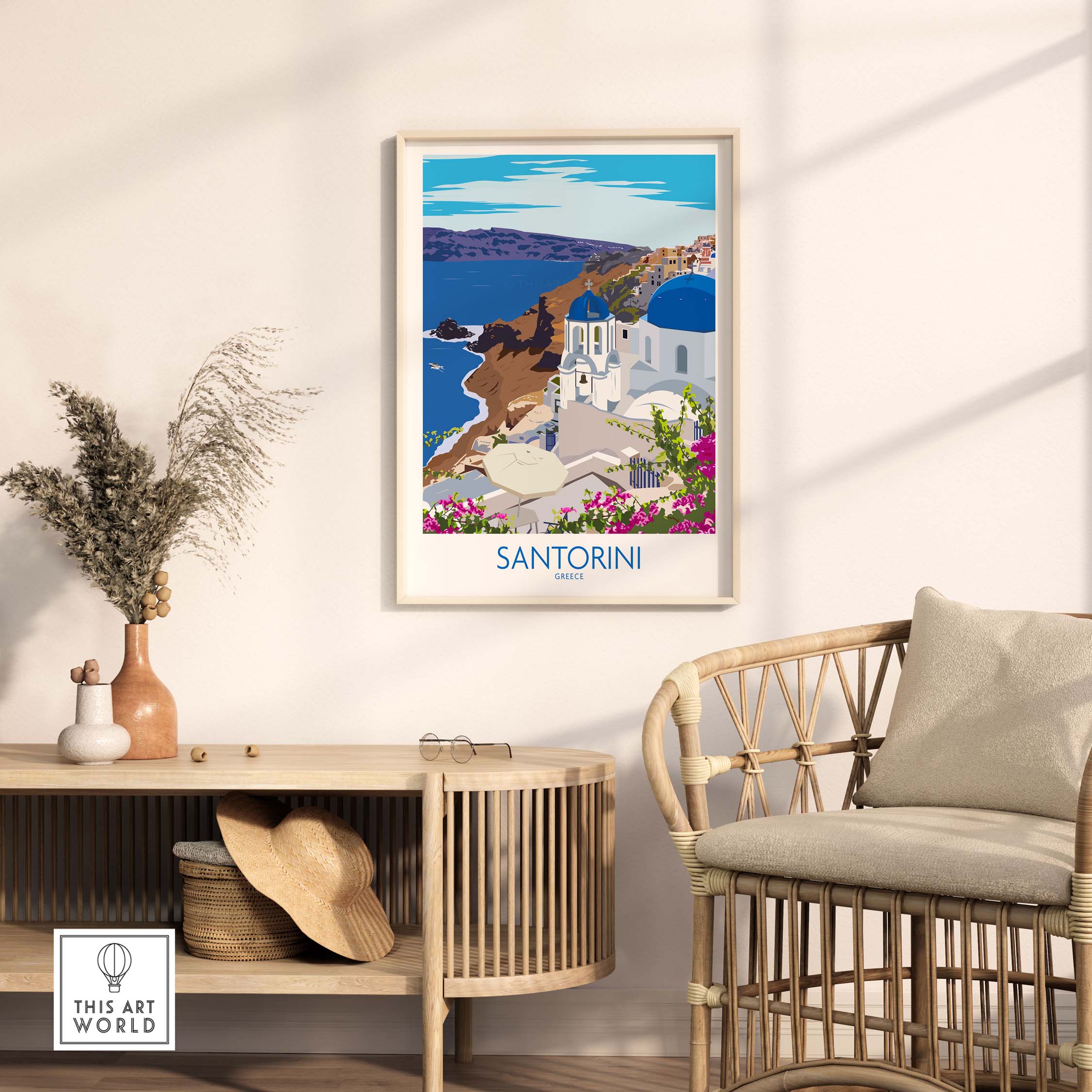Santorini print travel poster in a stylish interior setting, showcasing vibrant colors and Mediterranean scenery.