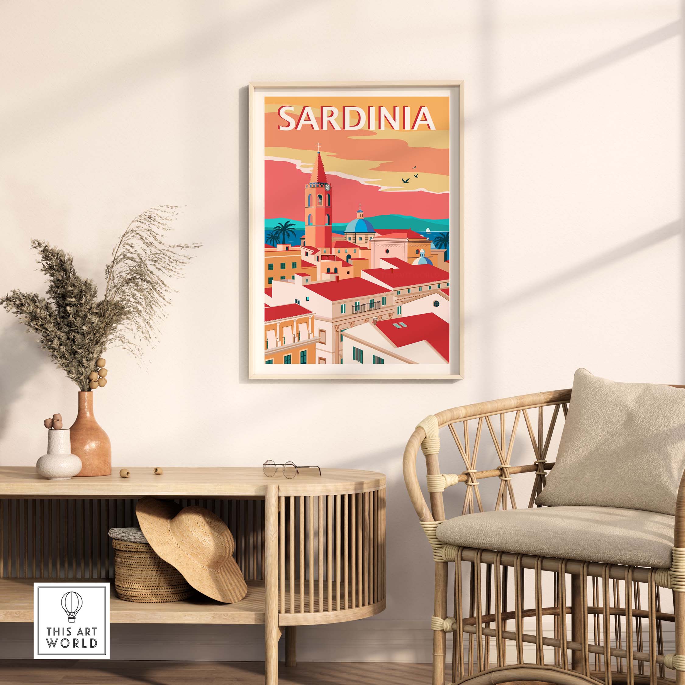 Sardinia poster print in a minimalist style displayed in a stylish home interior with natural decor.