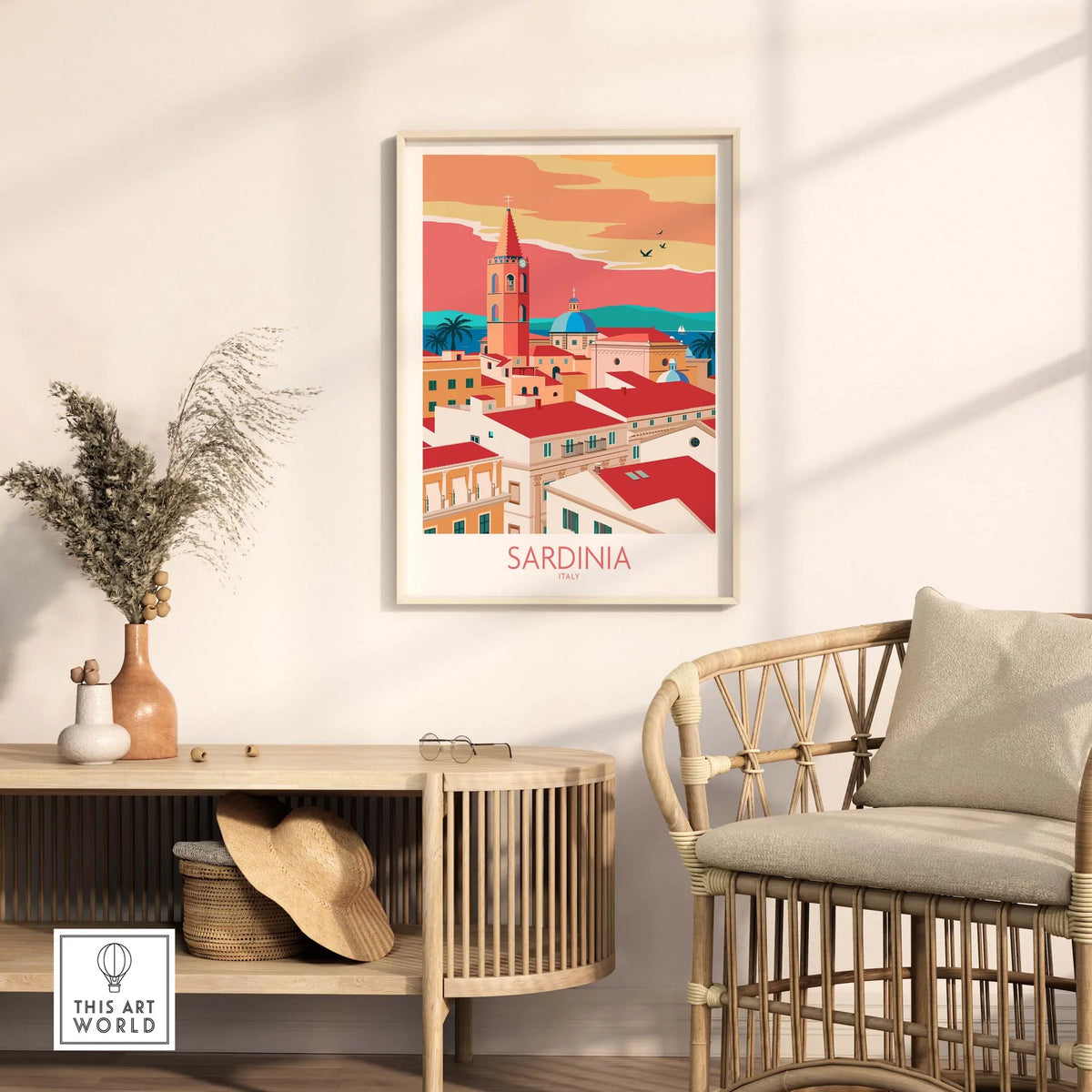 Sardinia Print Italy Travel Poster in stylish modern interior with wooden furniture and decorative plants.