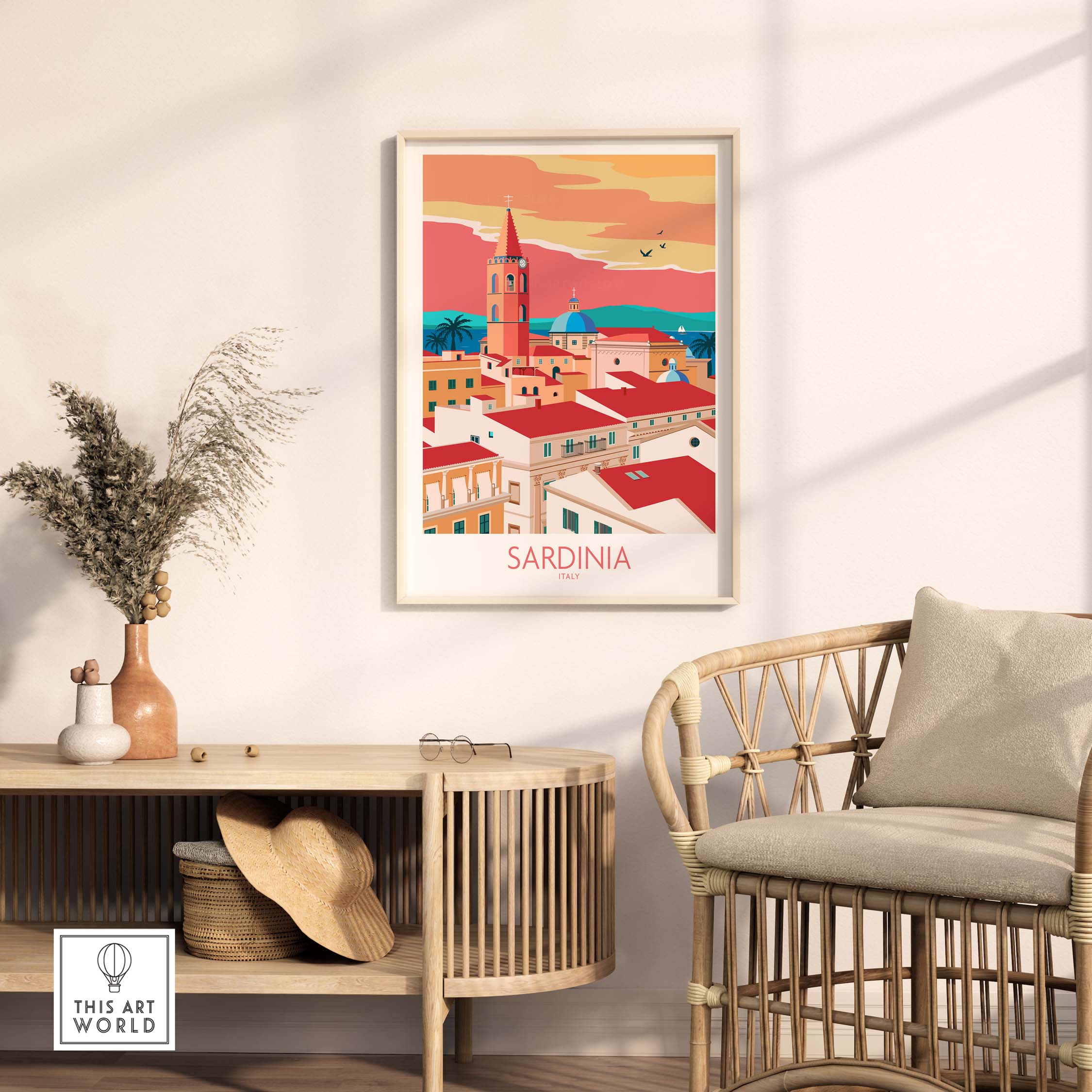 Sardinia Print Italy Travel Poster in stylish modern interior with wooden furniture and decorative plants.