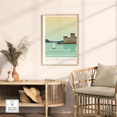 Scottish Highlands art print displayed in a modern living space, featuring a minimalist design and coastal scene.