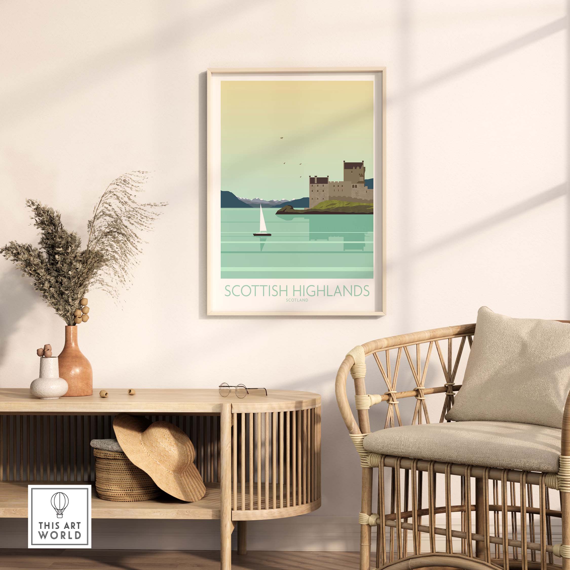 Scottish Highlands art print displayed in a modern living space, featuring a minimalist design and coastal scene.