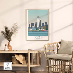 Seattle Poster Print featuring the Space Needle against a city skyline, framed and styled in a modern living room.