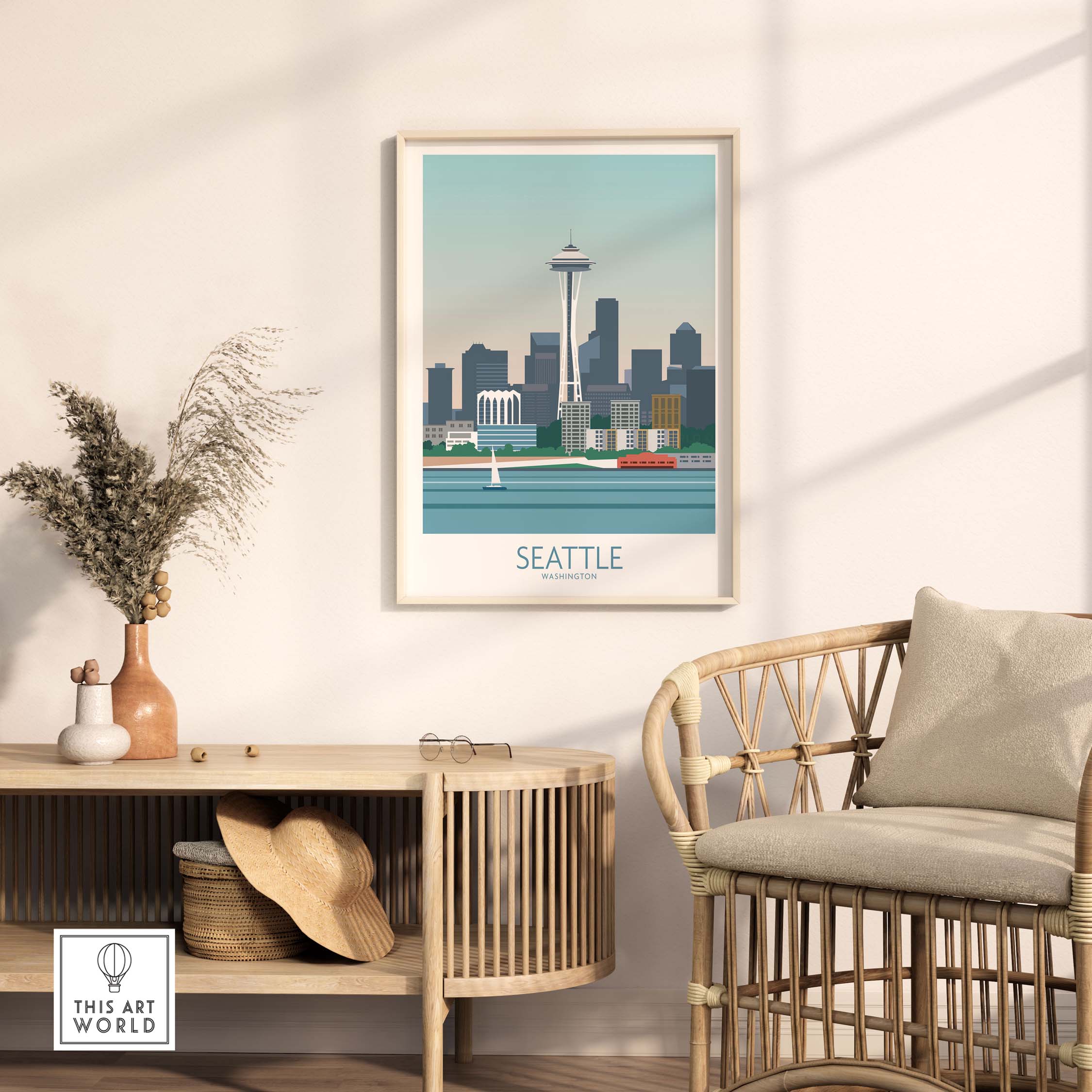 Seattle Poster Print featuring the Space Needle against a city skyline, framed and styled in a modern living room.