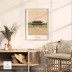 Seoul Print South Korea Travel Poster displayed in a stylish home interior with a modern wooden decor.