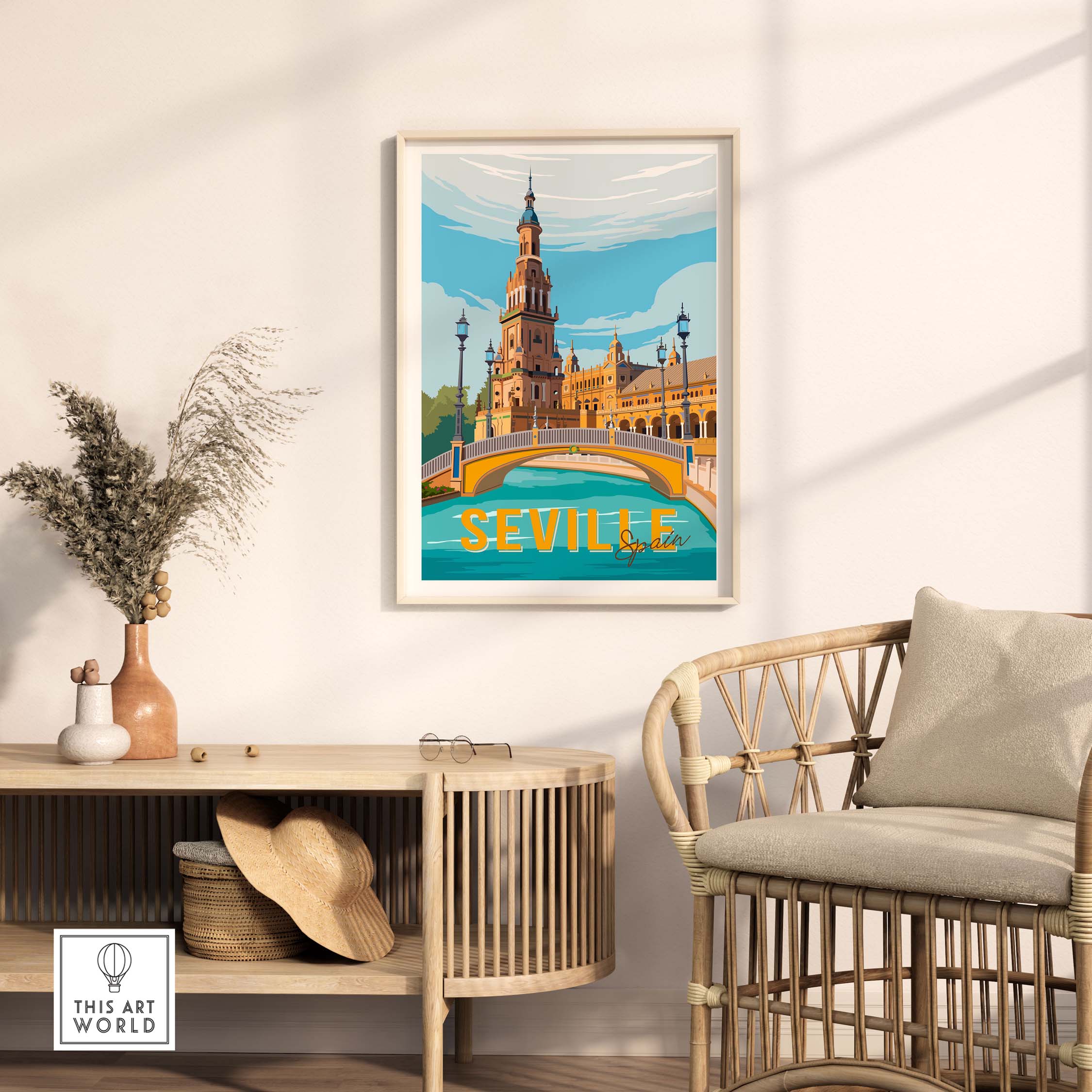 Seville Print Poster Wall Art featuring a vintage design, showcasing the iconic architecture and blue sky.