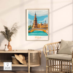 Seville Poster Travel Print displayed in a stylish living room setting with a cozy chair and decorative elements.