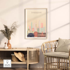 Shanghai skyline print displayed in a stylish interior setting with pastel tones and modern furniture.