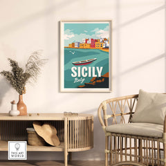 Sicily Poster Wall Art Print featuring a tranquil seaside scene with colorful buildings, perfect for home decor.