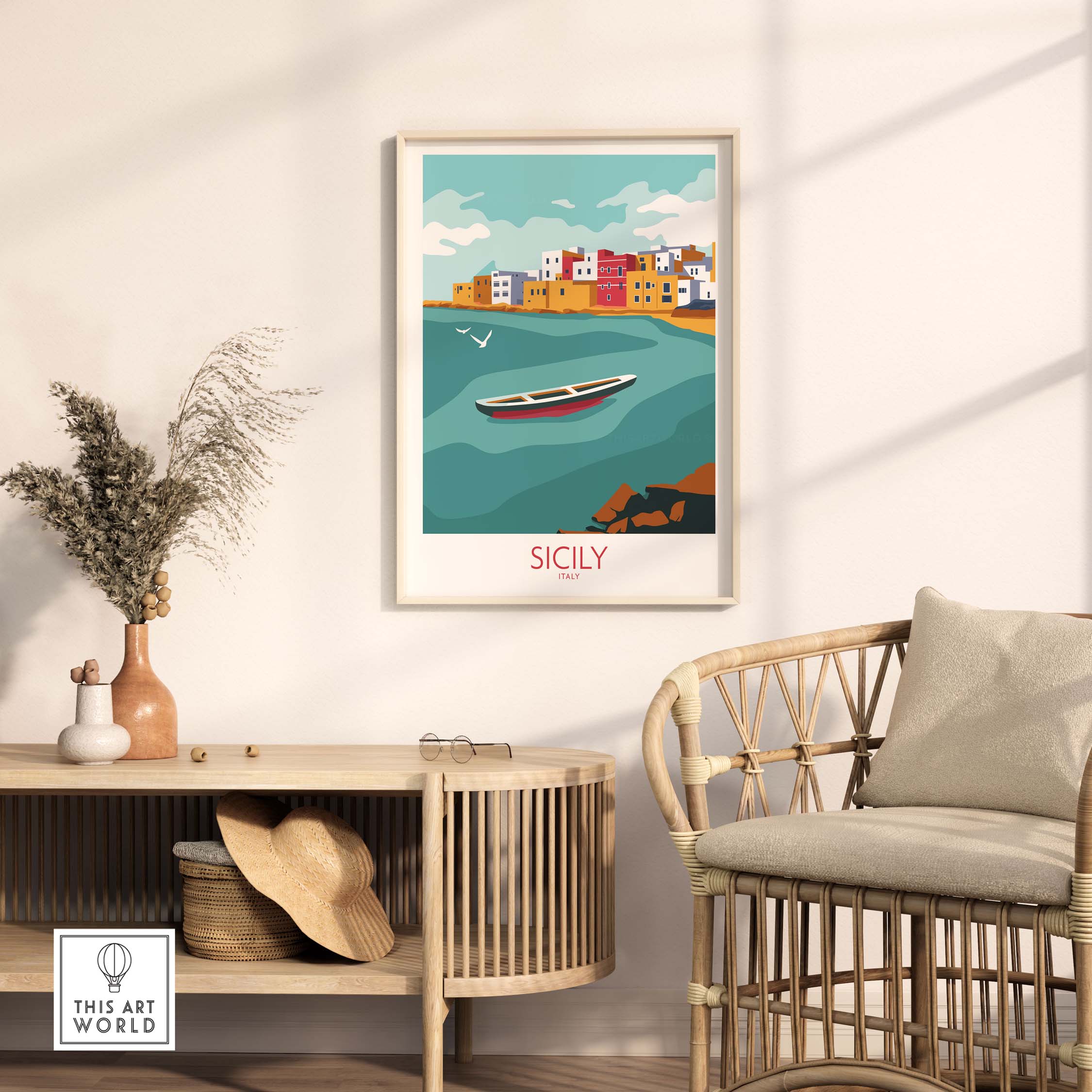 Sicily travel art print featuring a colorful coastal scene with a boat, styled decor in a modern living room.