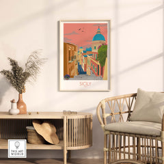 Sicily poster wall art print showcasing a colorful Sicilian street scene, framed in a stylish interior setting.