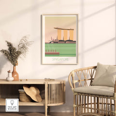 Singapore print travel poster framed in a stylish living room setting, featuring iconic landmarks and vintage design.