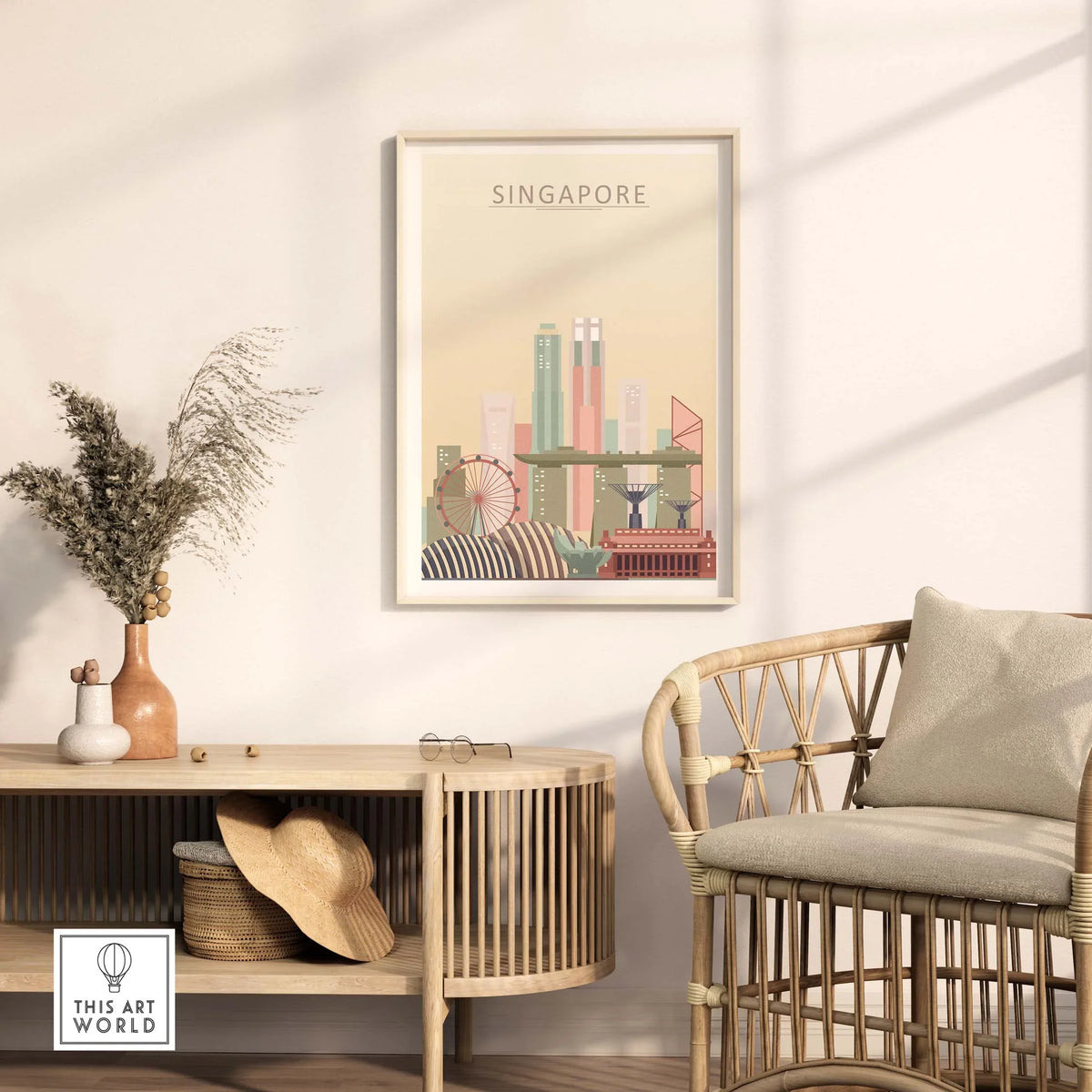 Singapore skyline print in a modern setting, featuring iconic buildings and pastel tones, perfect wall art for home decor.