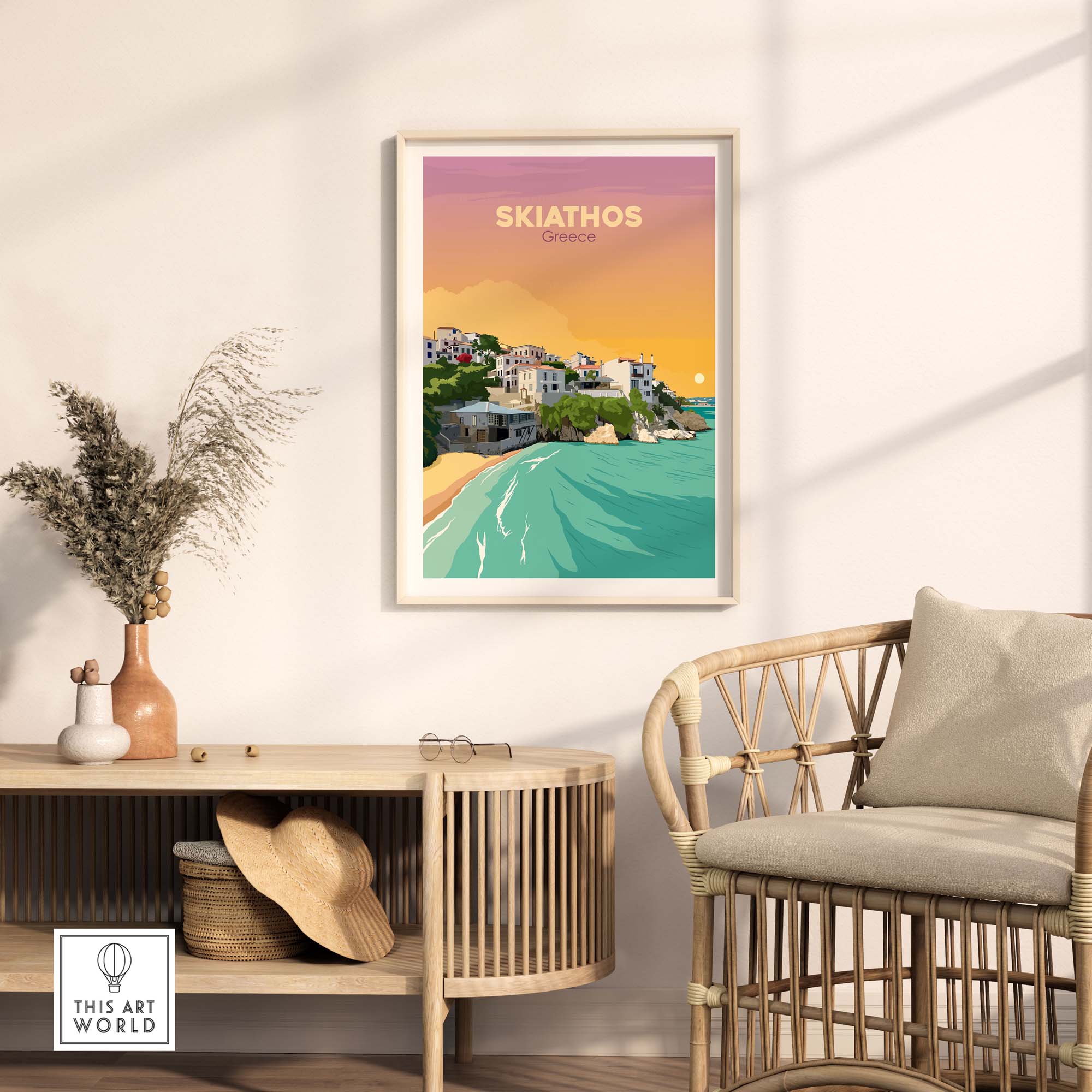 Skiathos travel poster print featuring a coastal scene in Greece, framed and displayed in a stylish interior setting.
