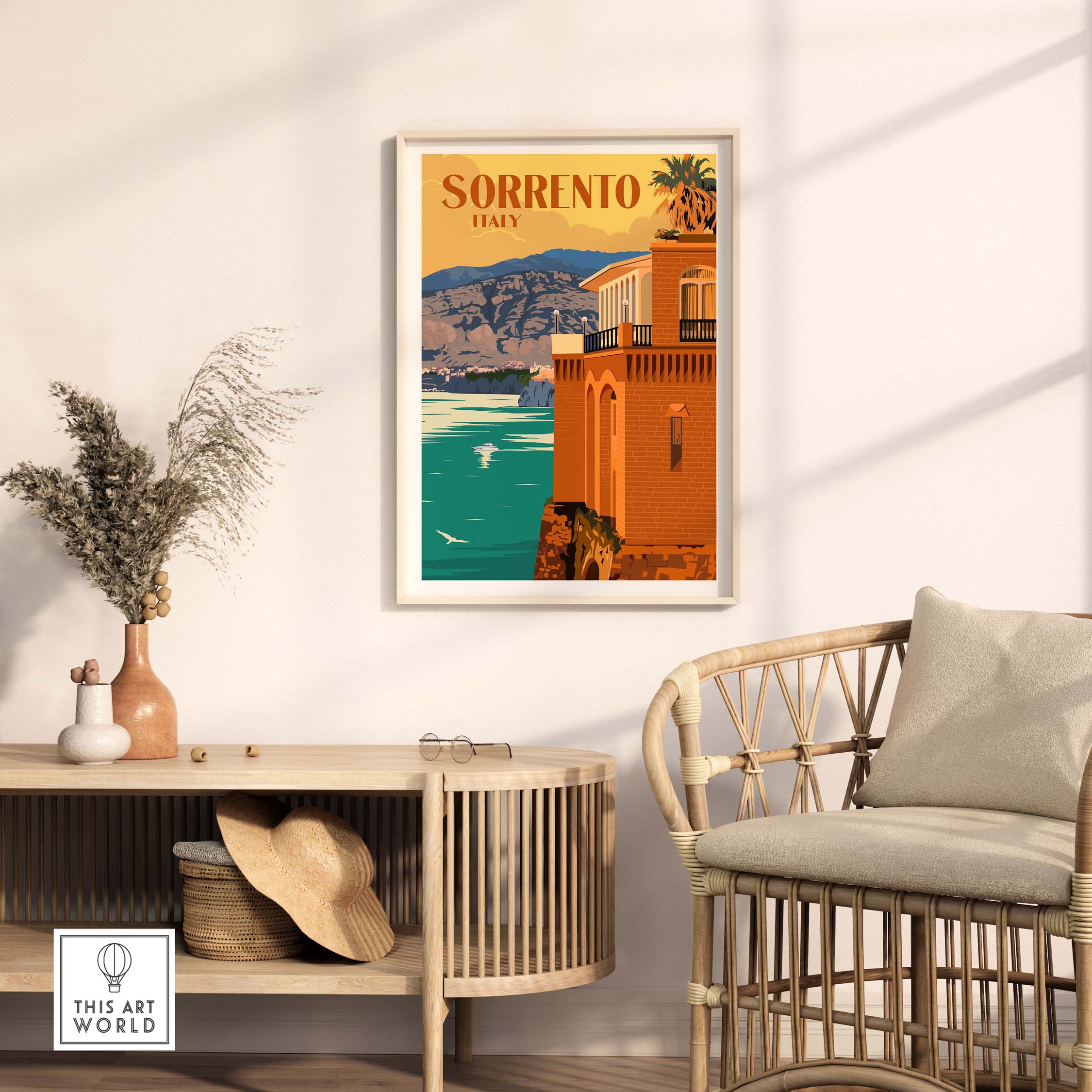 Sorrento Poster Print Wall Art featuring a coastal view of Italy, perfect for wanderlust home decor.