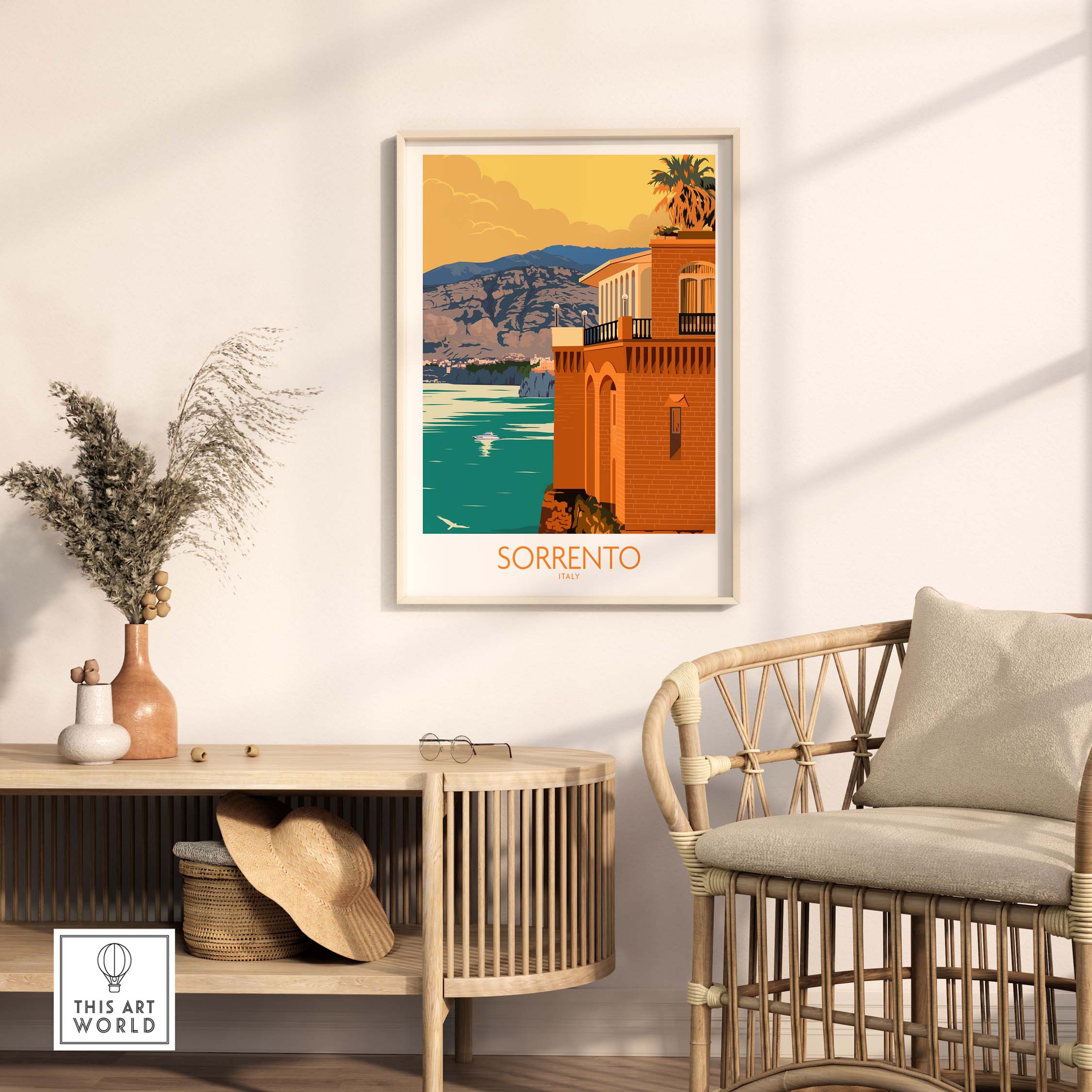 Sorrento Poster Travel Print showcasing scenic Bay of Naples, ideal for stylish Italian home decor.