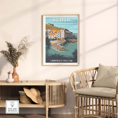 St Ives poster Cornwall print displayed in a stylish interior, showcasing minimalist travel art and coastal scenery.