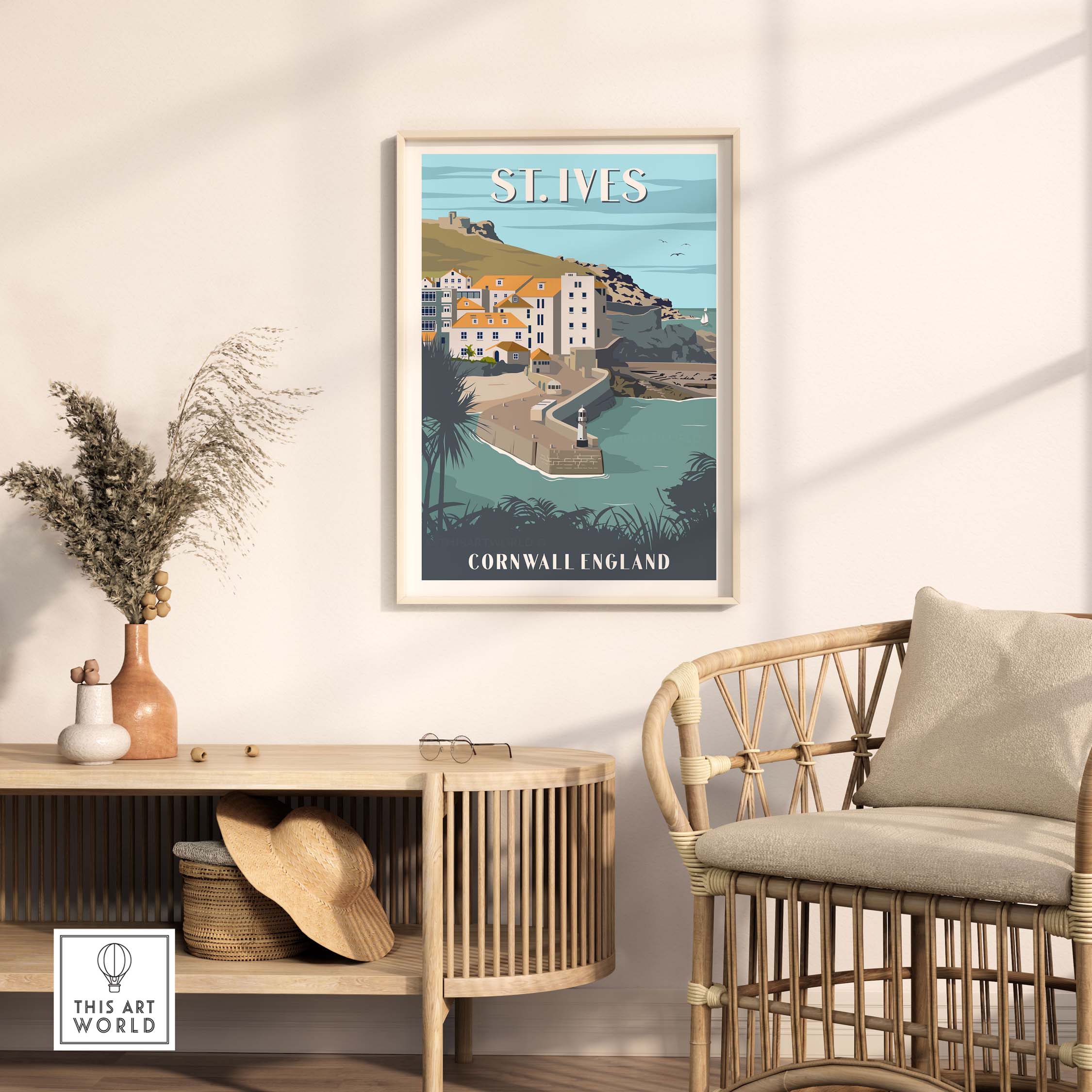 St Ives poster Cornwall print displayed in a stylish interior, showcasing minimalist travel art and coastal scenery.