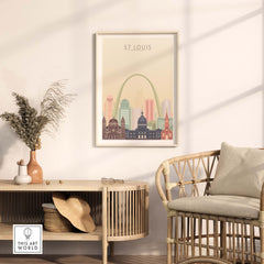St Louis city skyline wall art print in warm pastel tones displayed in a stylish interior setting.