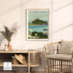 St Michael's Mount Print Cornwall featuring vintage travel art in a stylish living room setting.
