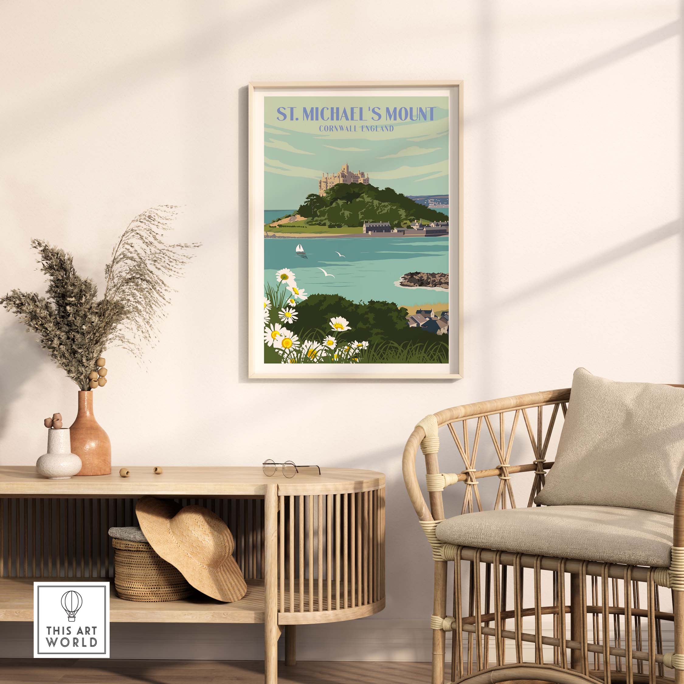 St Michael's Mount Print Cornwall featuring vintage travel art in a stylish living room setting.